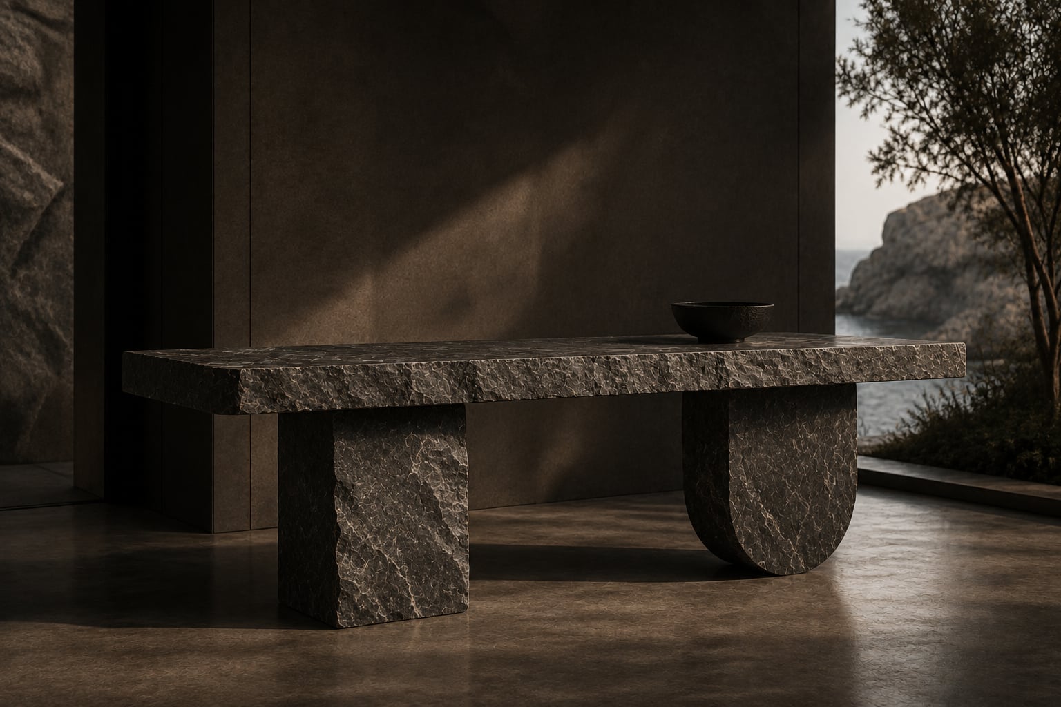Black granite bench with carved half-round base, seaside interior at dusk