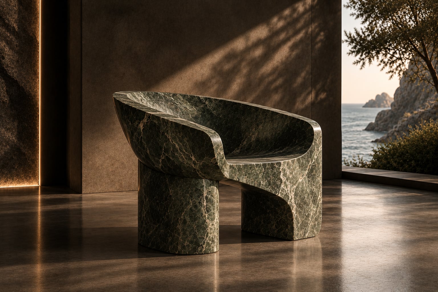 Sculptural green marble lounge chair overlooking the sea