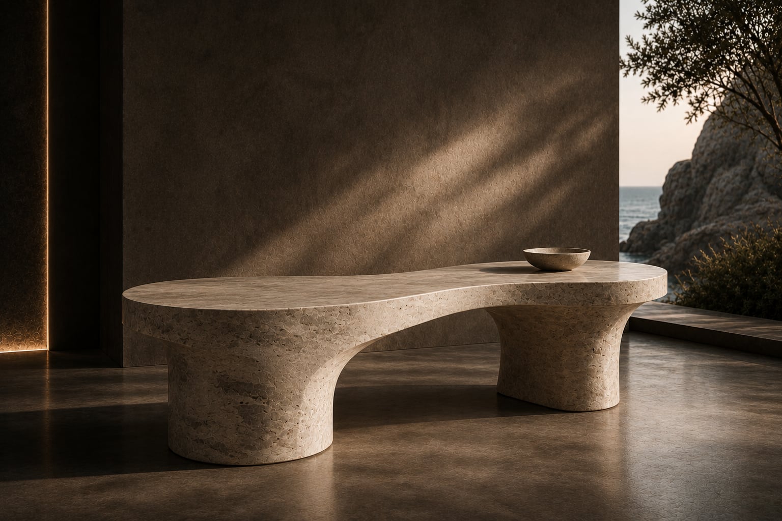Curved travertine coffee table in a sunlit stone interior