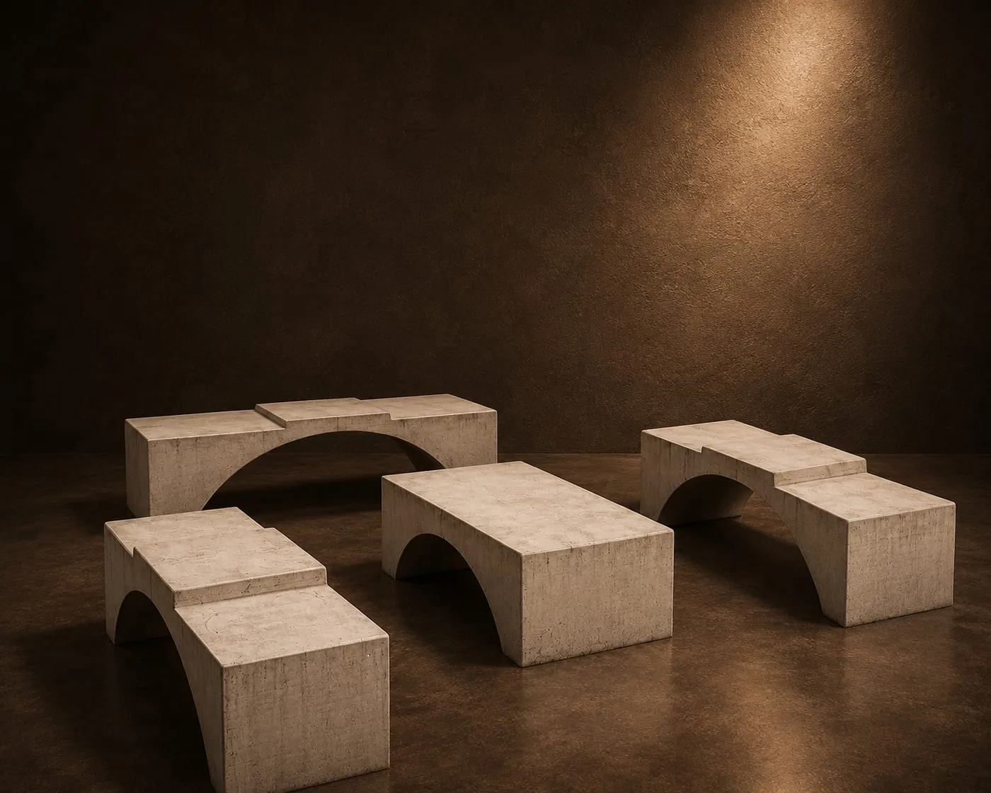 Arc Bench modular travertine arch benches arranged as an outdoor seating set