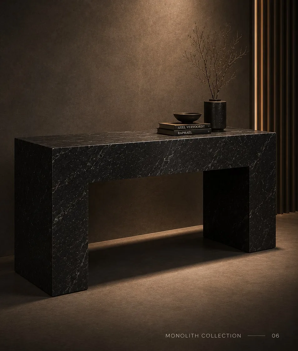 Monolith Console black granite console table with negative-space base