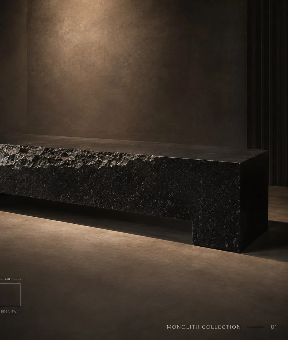 Quarry Threshold black granite bench with one raw quarried edge