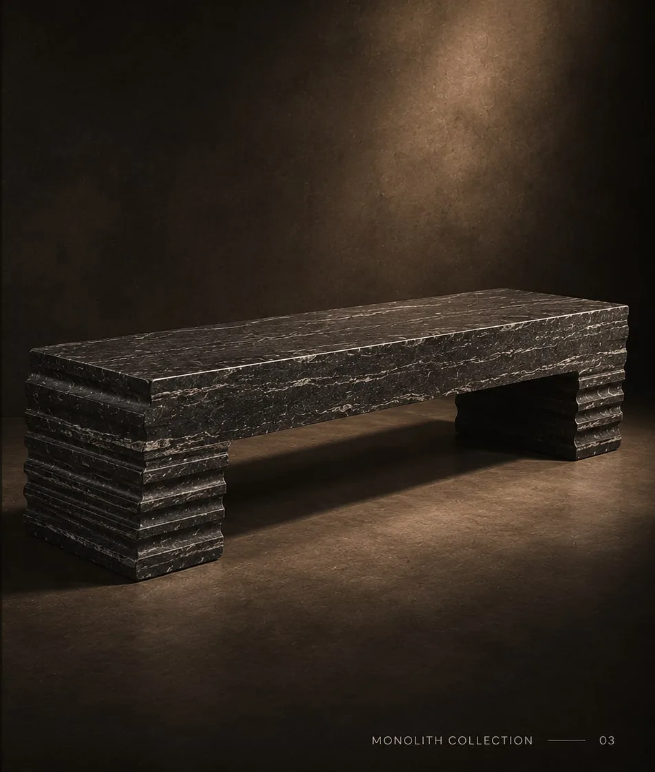 Strata Bench black granite bench with sculpted ridged strata legs