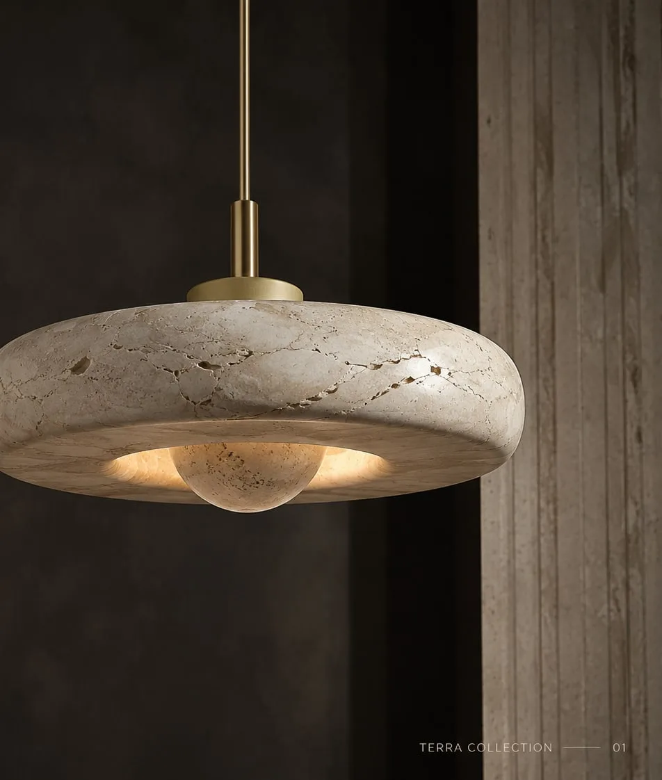 Terra Pendant suspended natural marble pendant light with warm interior glow