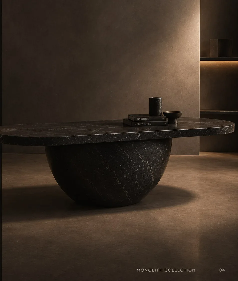 Vessel Study Table black granite oval table on a carved bowl-shaped base